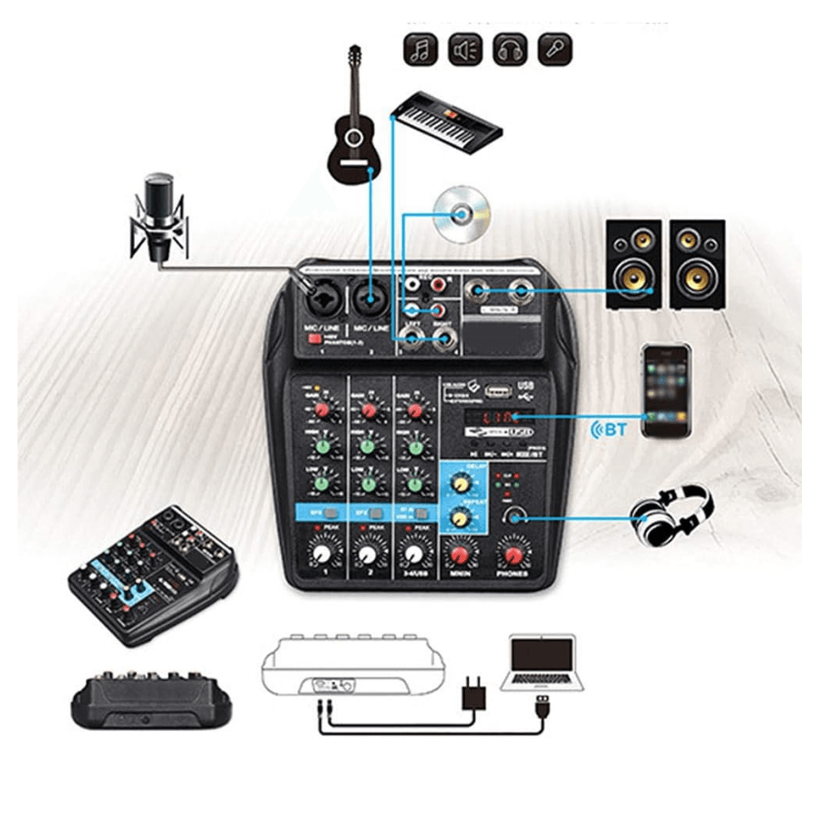 Mezclador de audio de 4 canales, consola de sonido con cable USB y enchufe de 100 ~ 240 V