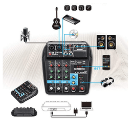 Mezclador de audio de 4 canales, consola de sonido con cable USB y enchufe de 100 ~ 240 V
