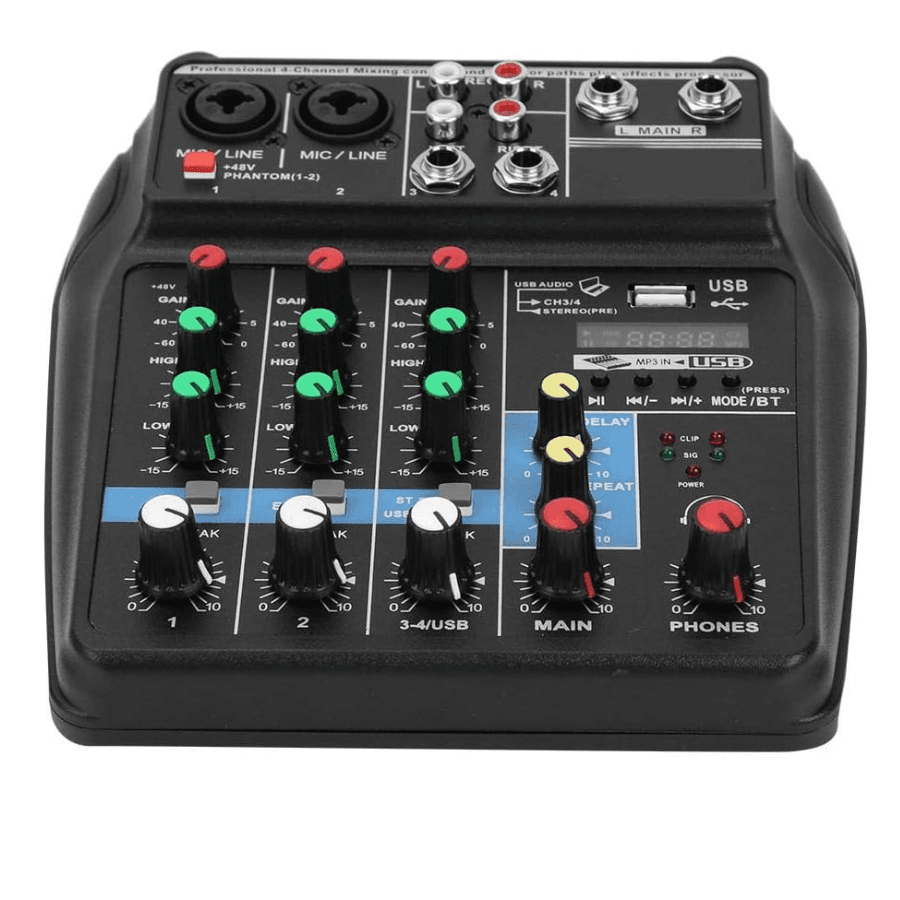 Mezclador de audio de 4 canales, consola de sonido con cable USB y enchufe de 100 ~ 240 V
