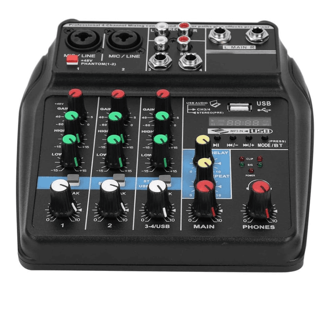 Mezclador de audio de 4 canales, consola de sonido con cable USB y enchufe de 100 ~ 240 V