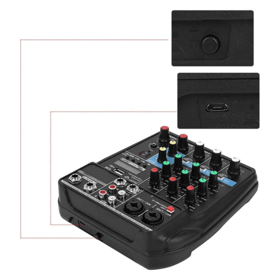 Mezclador de audio de 4 canales, consola de sonido con cable USB y enchufe de 100 ~ 240 V
